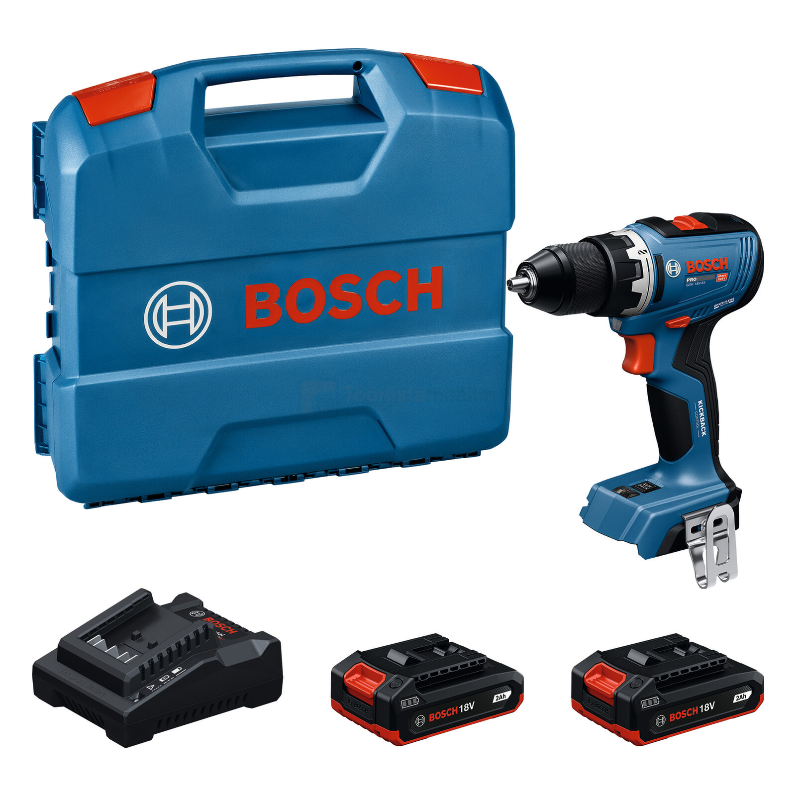 Pildil on näha Bosch akutrell GSR 18V-65 koos kahe akuga, laadijaga ja sinise tööriistakohvriga.